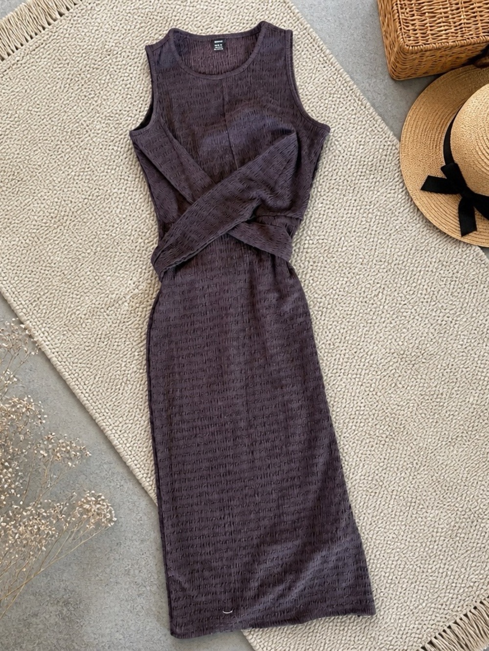 Sleeveless Rib-Knit Midi Dress in Deep Plum